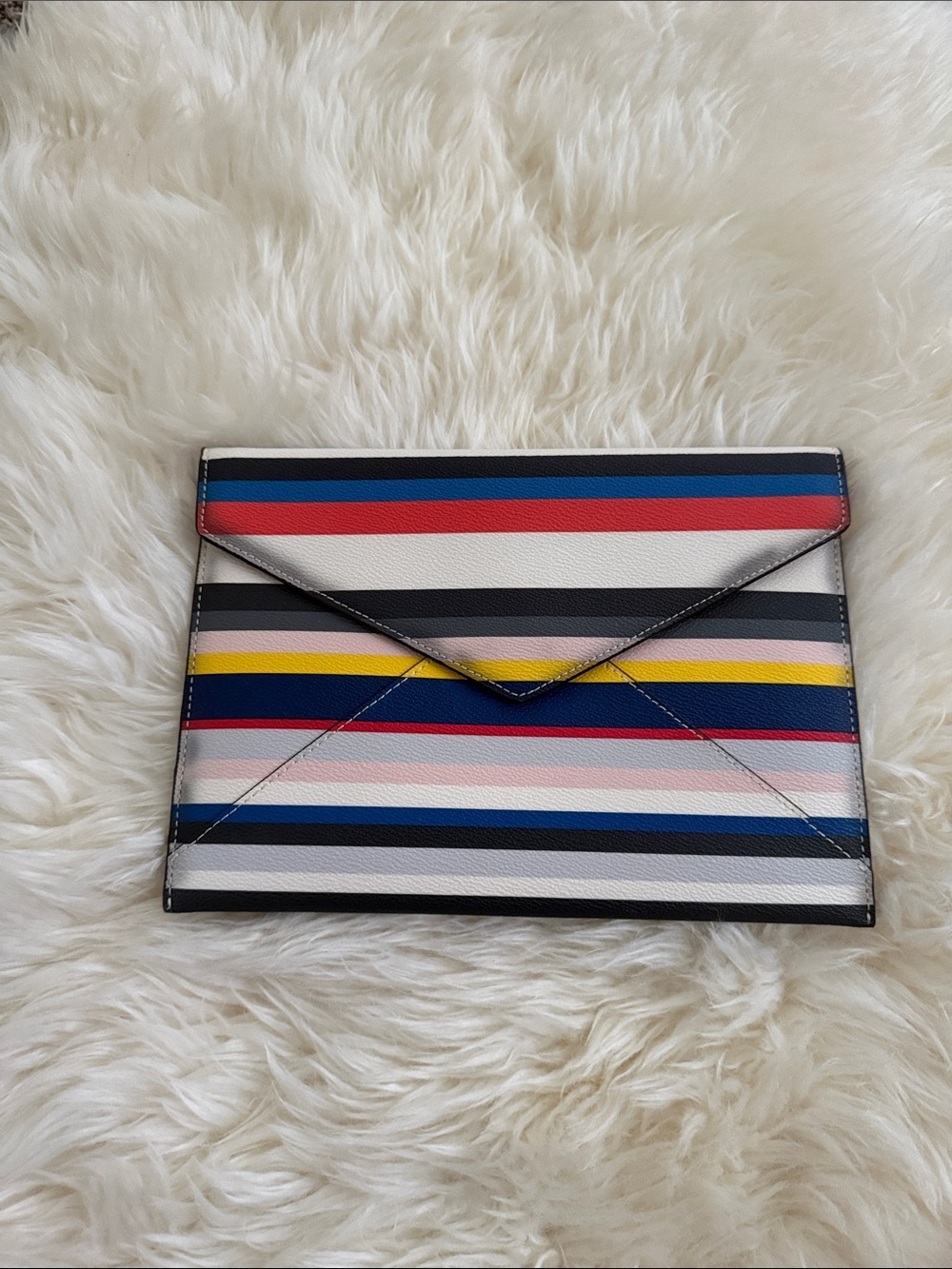 Multicolor Striped Envelope Clutch with Navy Trim